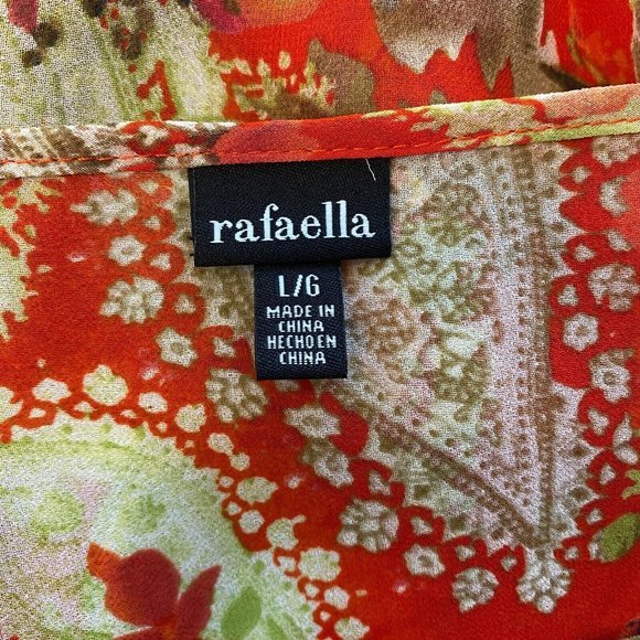 Rafaella Top L Floral Red Green Semi Sheer‎ Smocked Short Dolman Sleeve - Picture 7 of 9